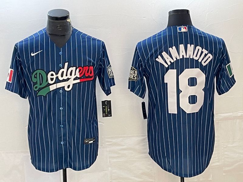 Men Los Angeles Dodgers #18 Yamamoto Blue stripe Nike Game MLB Jersey style 4
